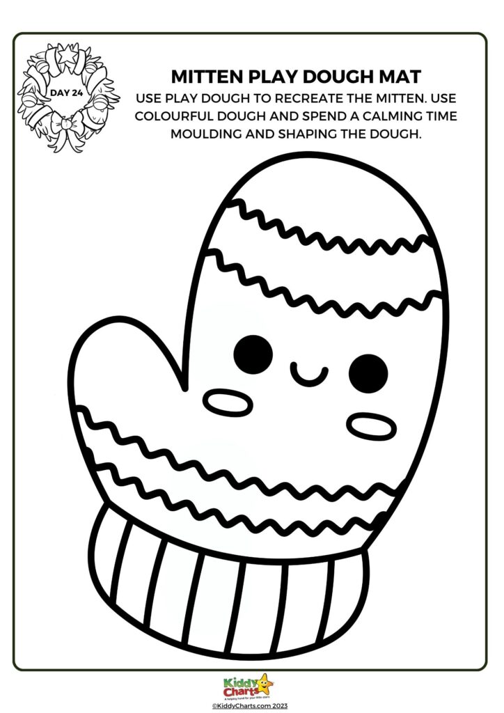 The image shows a black and white coloring page titled "MITTEN PLAY DOUGH MAT," featuring a playful outline of a mitten with a happy face, intended for play dough recreation.