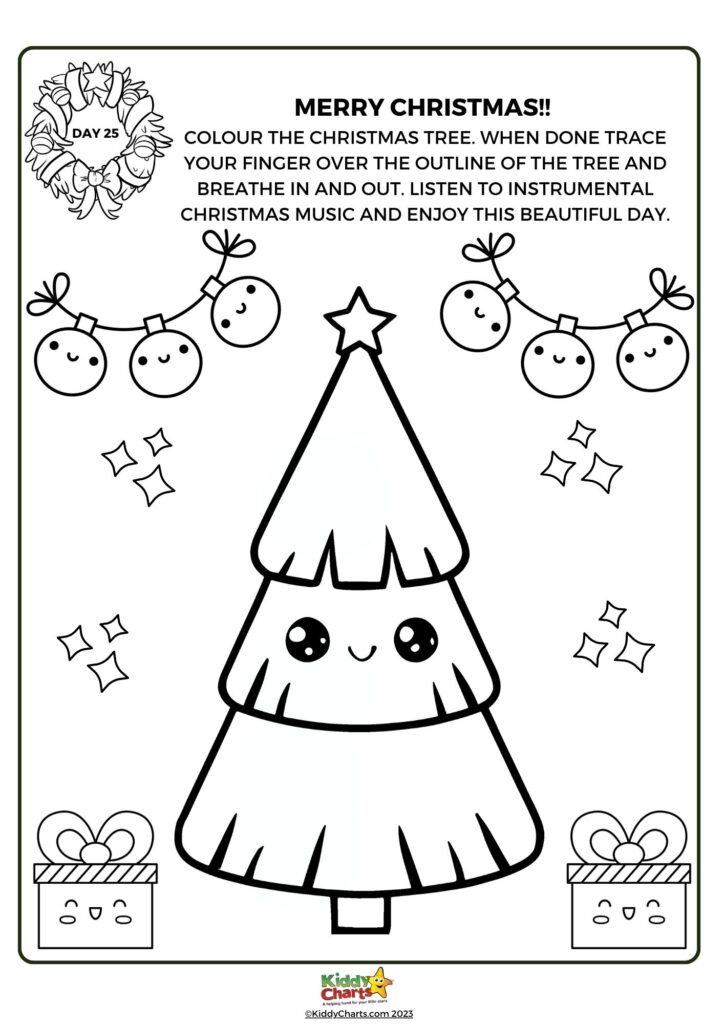 The image is a black-and-white coloring page featuring an anthropomorphized Christmas tree with cute decorations, a wreath, smiling ornaments, and an instruction text for a relaxing activity.