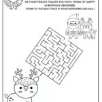 The image shows a children's activity page with a coloring section featuring Santa and his reindeer, and a maze puzzle with instructions to trace a path.