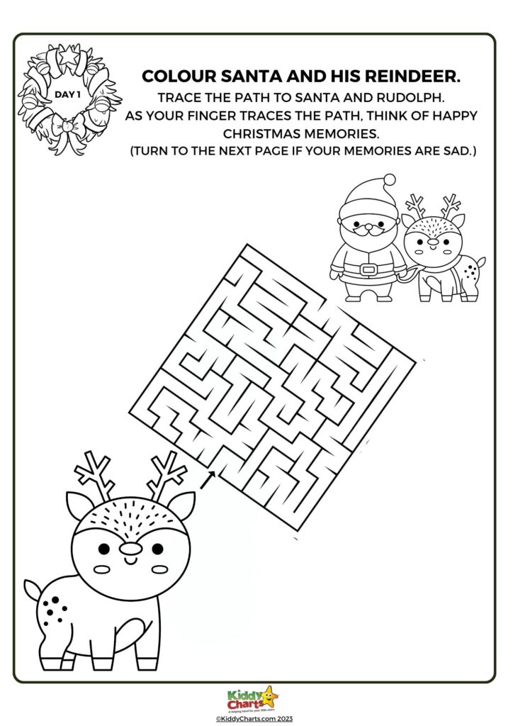 The image shows a children's activity page with a coloring section featuring Santa and his reindeer, and a maze puzzle with instructions to trace a path.