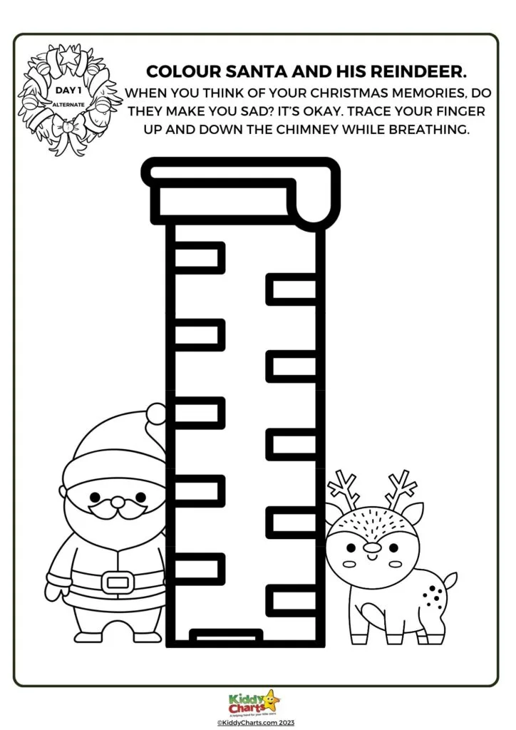 A coloring page featuring a cartoon Santa Claus, a reindeer, and a brick chimney. Text prompts coloring and mindful finger tracing for relaxation.