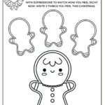 This is a children's coloring activity sheet featuring gingerbread men, with instructions to color and express feelings related to Christmas.