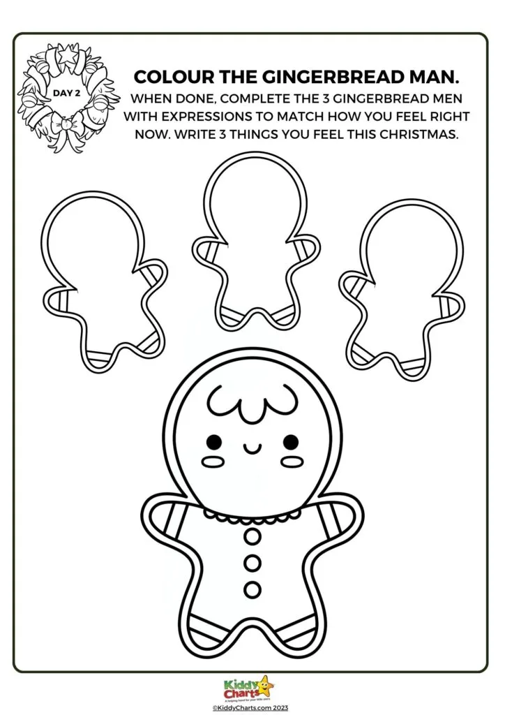 This is a children's coloring activity sheet featuring gingerbread men, with instructions to color and express feelings related to Christmas.