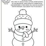 This is a black and white coloring page featuring a snowman wearing a hat and scarf, with instructions to color and decorate it, from "KiddyCharts 2023."
