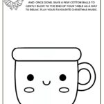 The image shows a coloring page with an illustration of a cute mug, instructions for a holiday activity, and "Day 4" marked with a wreath.
