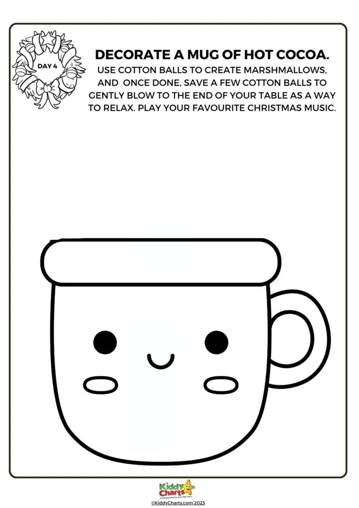 The image shows a coloring page with an illustration of a cute mug, instructions for a holiday activity, and "Day 4" marked with a wreath.