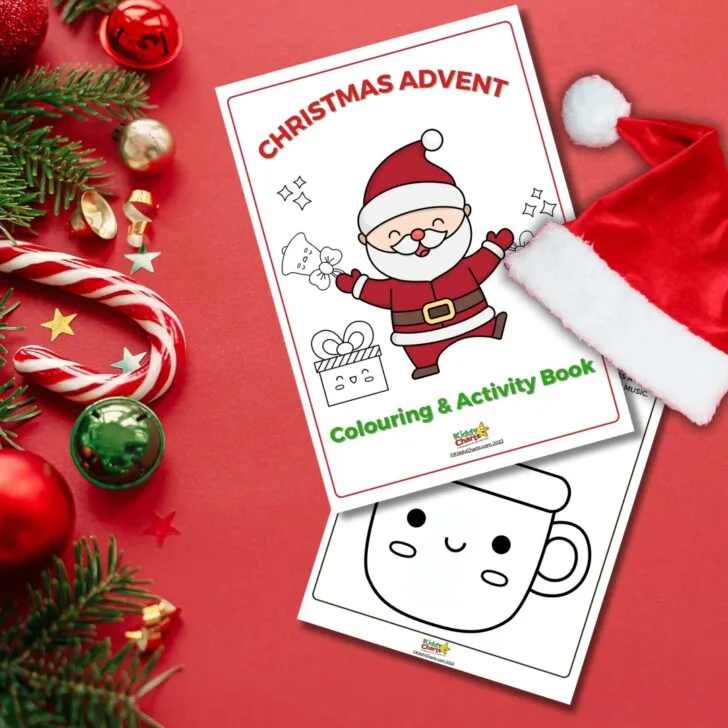 The image shows a Christmas-themed coloring and activity book featuring a cartoon Santa Claus. Surrounding items include a Santa hat, candy canes, and festive decorations.
