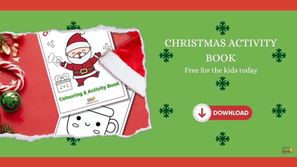 This is an advertisement for a free "Christmas Activity Book" for kids, featuring an illustration of Santa Claus, a download button, and festive decorations.