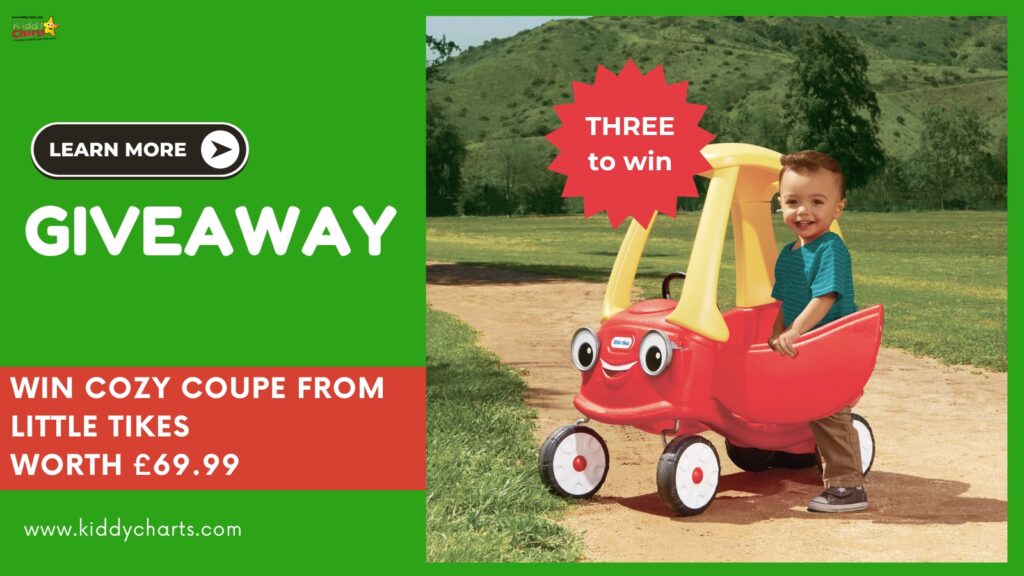 The image is promoting a giveaway of a Little Tikes Cozy Coupe worth £69.99 from Kiddy Charts.