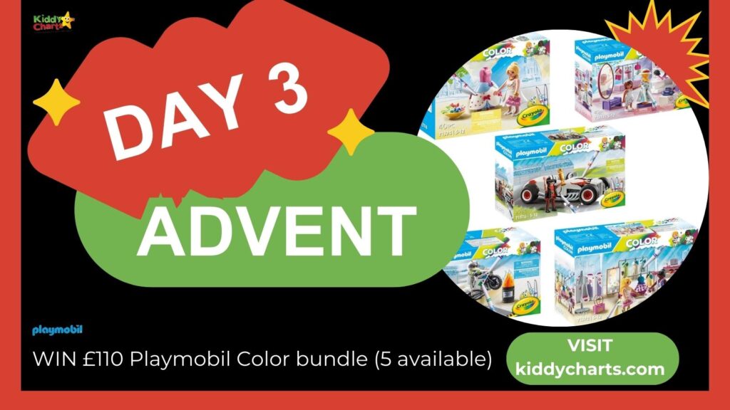 The image features an advertisement for Day 3 of an advent event promoting a chance to win a Playmobil Color bundle, with a website for details.