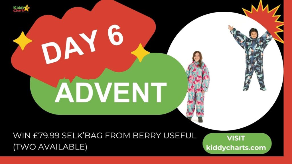 The image shows an advent calendar promotion for Day 6, offering a chance to win colorful wearable sleeping bags, with a website link for participation.