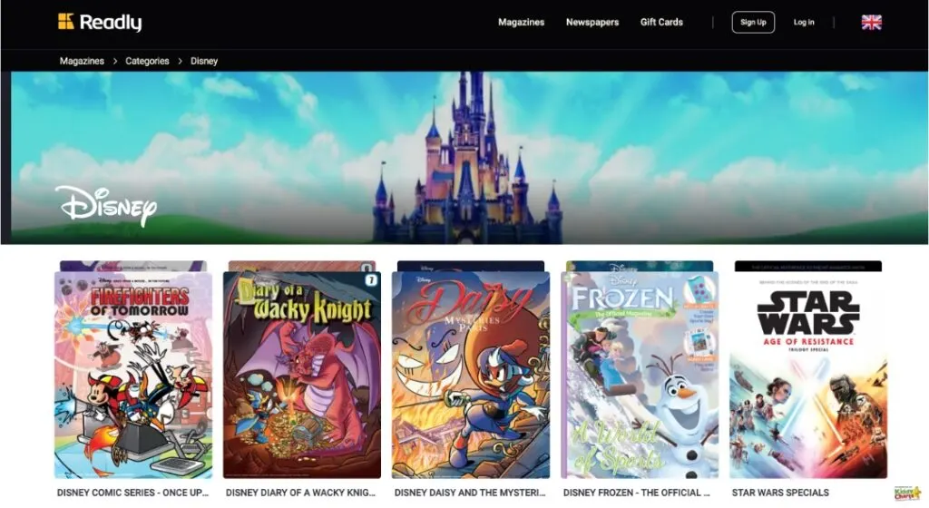 This image shows a webpage from Readly, displaying a Disney category with various comic covers, including characters from Disney, Frozen, and Star Wars.