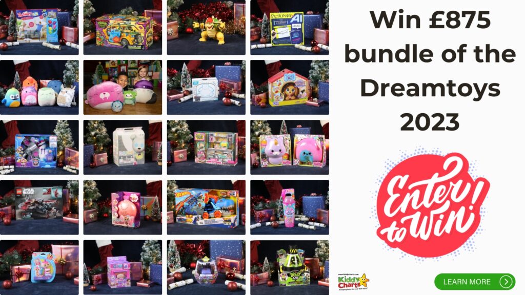 A collage of various toys displayed with festive decorations, with text promoting a chance to win a bundle of "Dreamtoys 2023" worth £875.