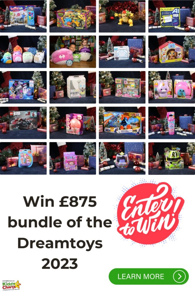 The image shows a collage of various toys, with a holiday theme background, and text promoting a chance to win a toy bundle in 2023.