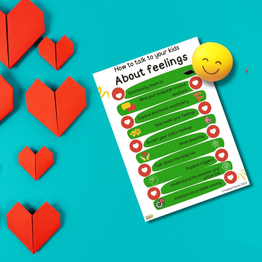 An infographic titled "How to talk to your kids About feelings" with tips listed, accompanied by red paper hearts and a smiley face, set against a blue background.