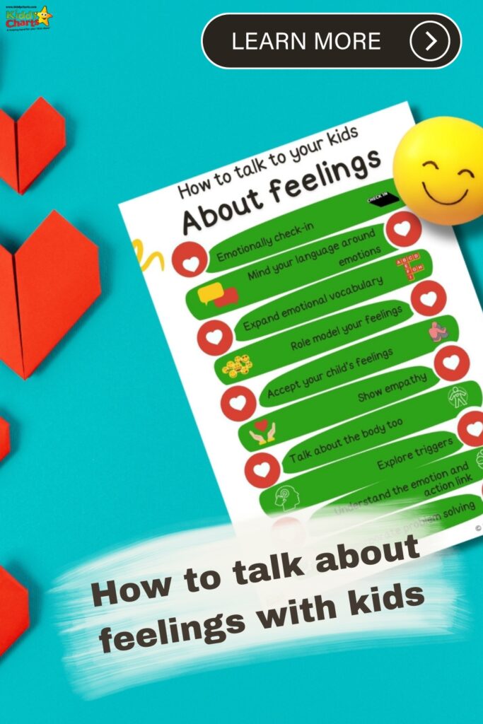 An educational flyer titled "How to talk about feelings with kids" rests on a blue background, near origami hearts and a smiling emoji. Button prompts "Learn More".