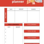 This image shows a "Family budget planner" with sections for income, fixed expenses, total expenses, income, savings, and notes. It includes a family illustration.