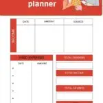This image shows a "Family budget planner" with sections for income, fixed expenses, total expenses, income, savings, and notes. It includes a family illustration.