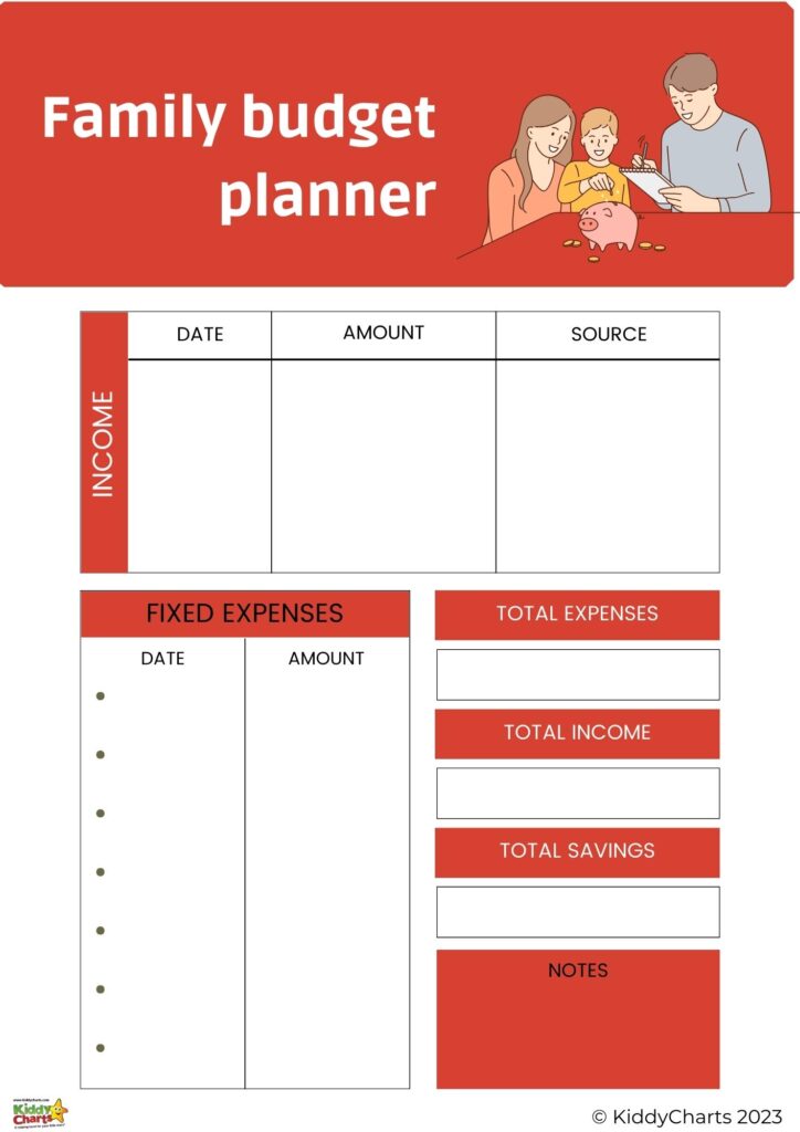 This image shows a "Family budget planner" with sections for income, fixed expenses, total expenses, income, savings, and notes. It includes a family illustration.