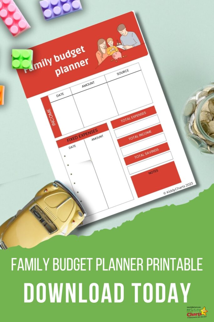 An advertisement featuring a family budget planner. It includes sections for income, expenses, and savings. Toy blocks, a toy car, and a jar of coins surround it.