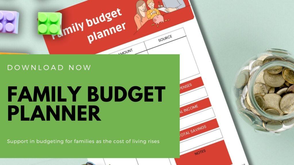 The image features a family budget planner advertisement with a "Download Now" button, toys, an illustration of a family, and a jar of coins.