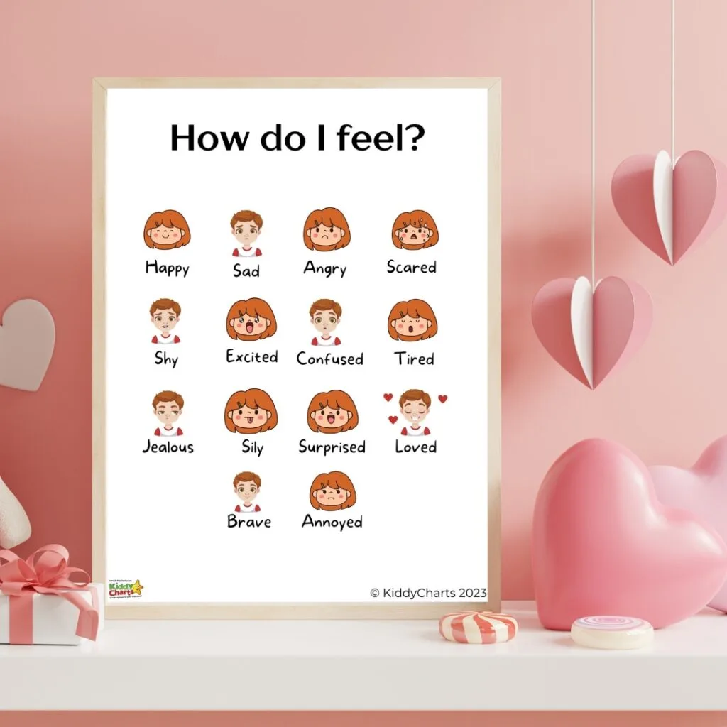 A framed poster titled "How do I feel?" displays cartoon faces depicting various emotions. It's mounted on a pink wall, surrounded by heart decorations.