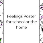 The image shows a poster titled "Feelings Poster for school or the home" with various expressive face illustrations around the border. ©KiddyCharts 2023.