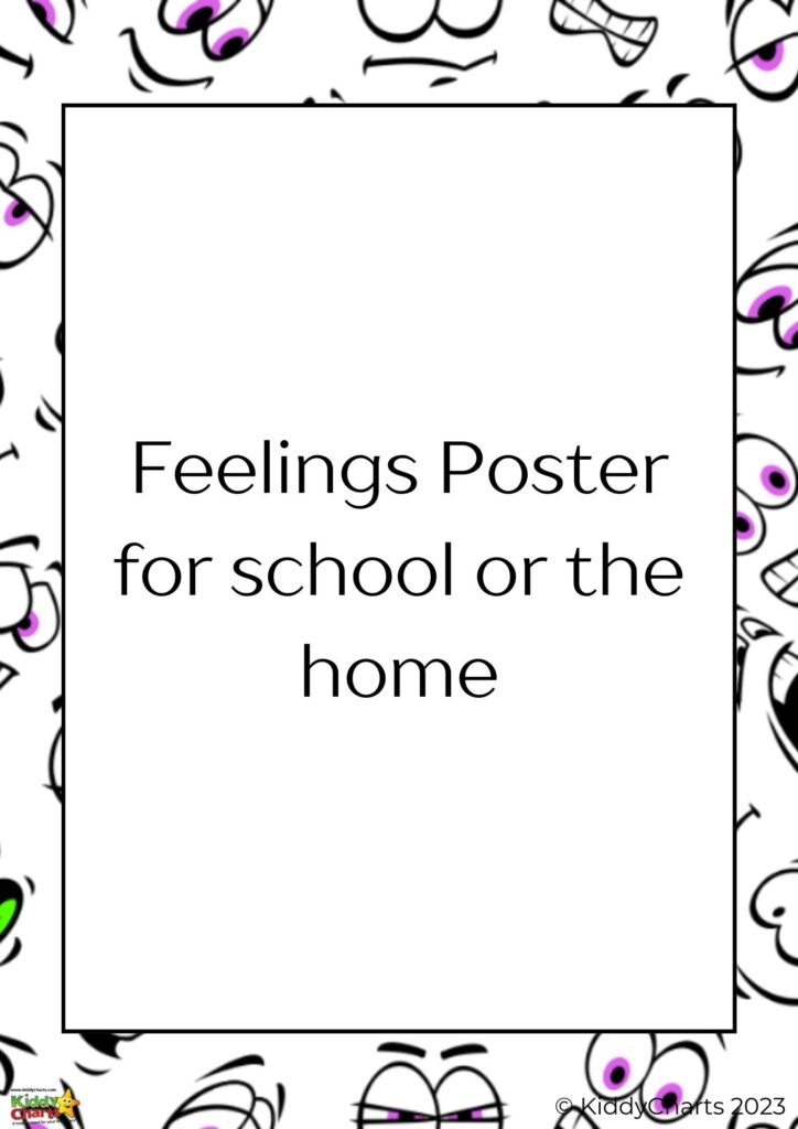 The image shows a poster titled "Feelings Poster for school or the home" with various expressive face illustrations around the border. ©KiddyCharts 2023.