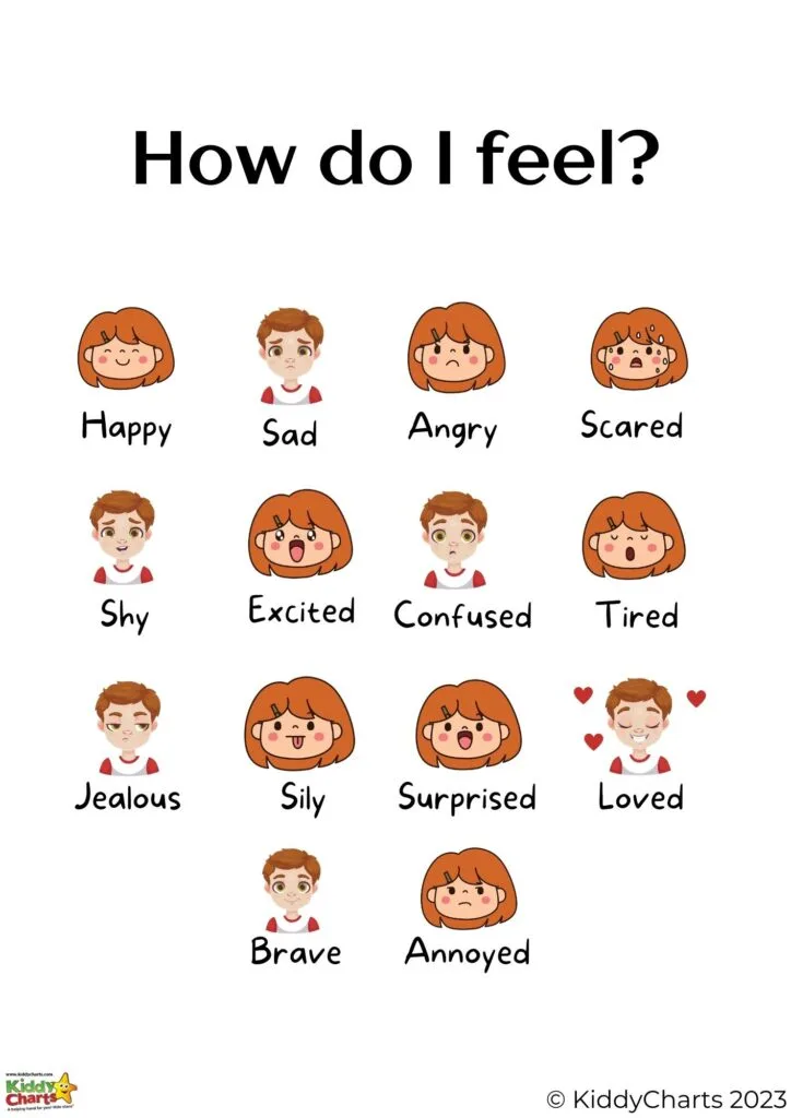 The image shows illustrated faces with different expressions paired with words describing emotions: happy, sad, angry, scared, shy, excited, confused, tired, jealous, silly, surprised, loved, brave, annoyed.