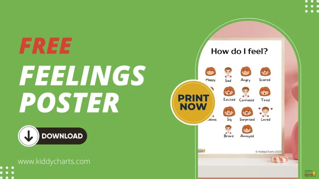 The image showcases an advertisement for a free feelings poster with cartoon faces depicting various emotions and instructions to print now from a website.