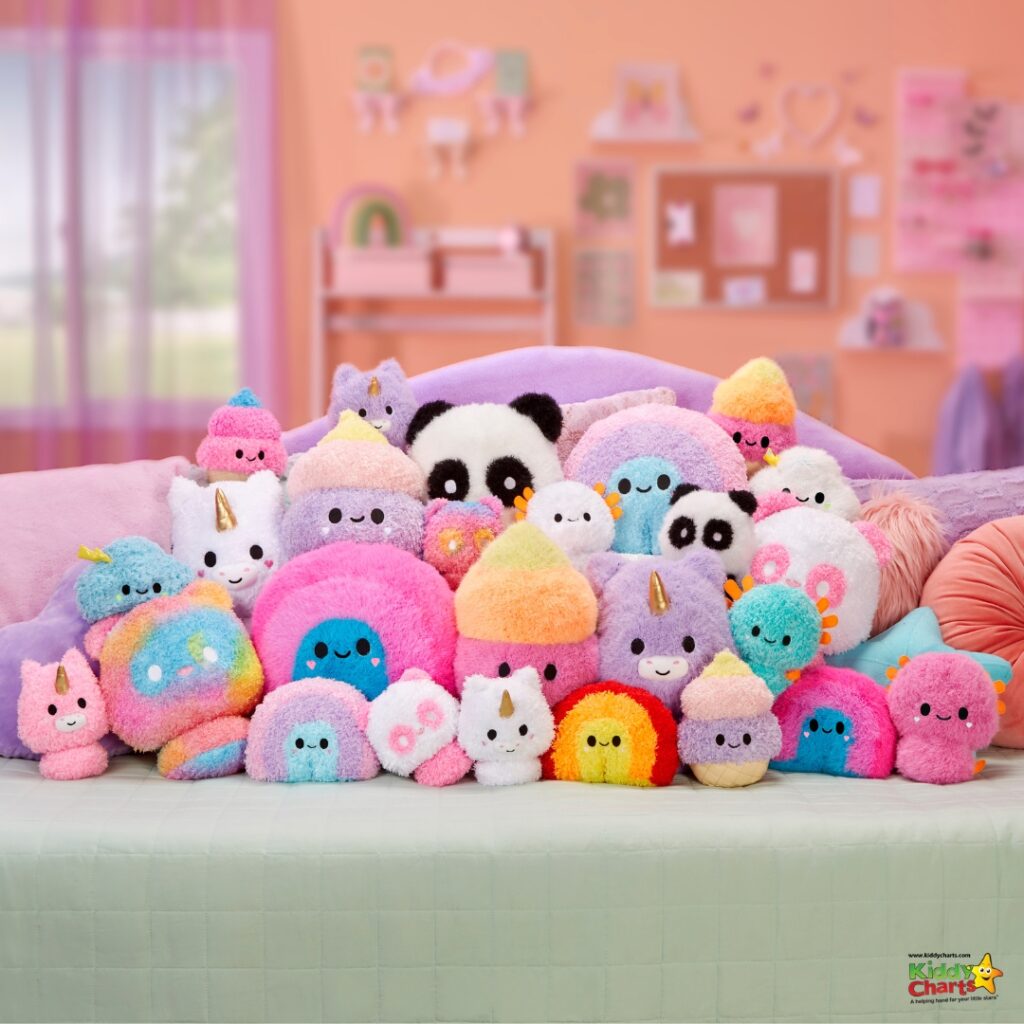 A collection of stuffed animals sits on the bed.