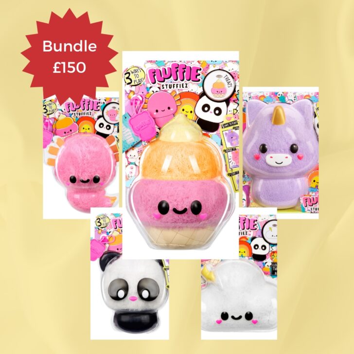A cartoon with text and three toy bundles priced at £150, 10 Fluffie To Play, Read Stuffiez and Playe Stuffiez, on the screen.