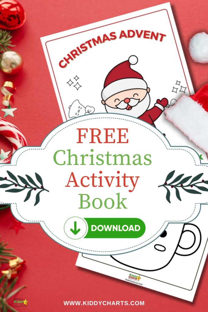 The image shows a promotional Christmas-themed graphic advertising a free Christmas Activity Book available for download at KiddyCharts, featuring festive colors and decorations.