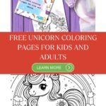 The image shows a promotional graphic for free unicorn coloring pages aimed at kids and adults with a sample coloring page and a unicorn headband.