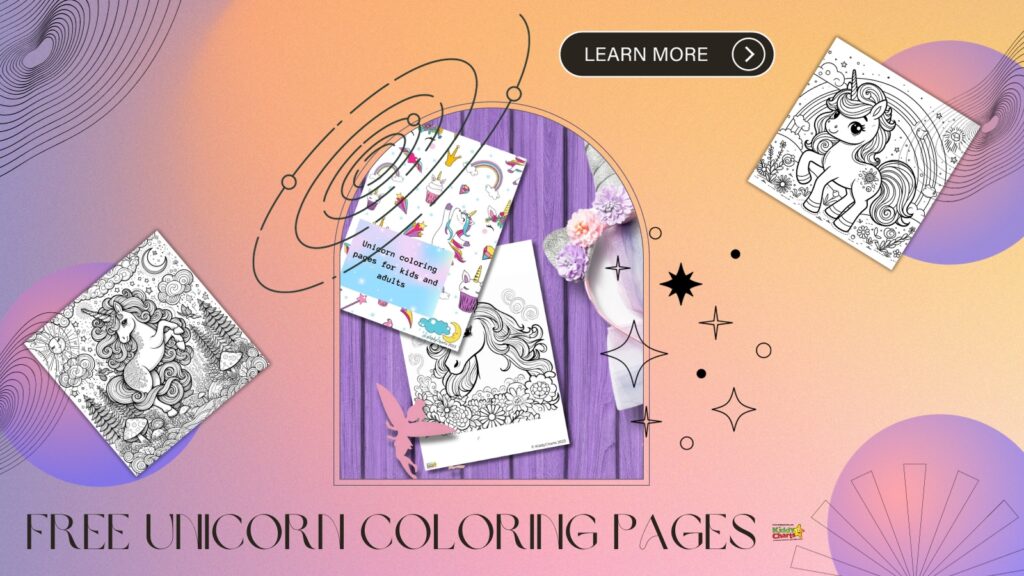 The image showcases an advertisement for free unicorn coloring pages, featuring examples of coloring sheets with whimsical designs on a vibrant background.