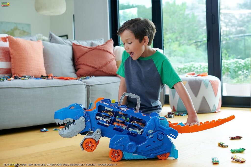 A child is excitedly playing with a large, dinosaur-shaped toy car storage unit filled with colorful cars. The room has a modern decor.