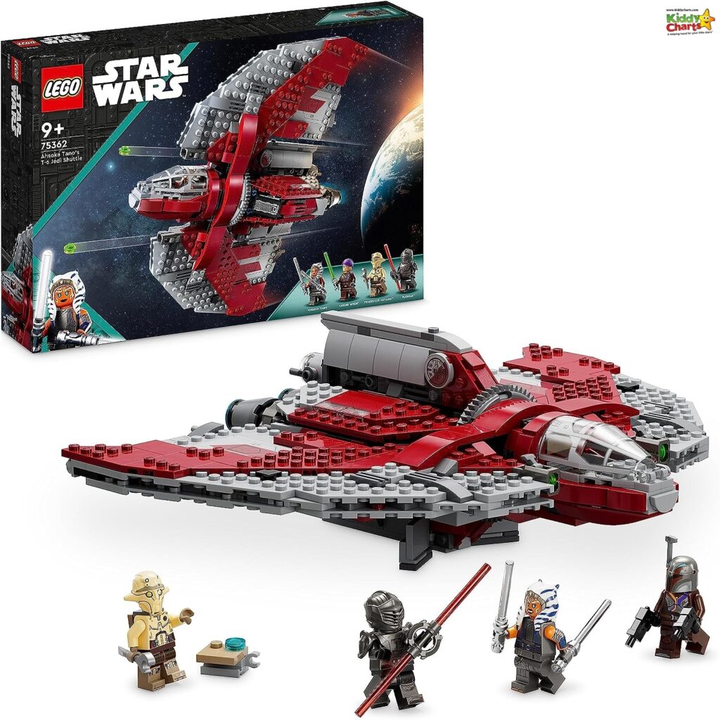 This image features a LEGO Star Wars set with a model of Ahsoka's starfighter, four minifigures, lightsabers, and other accessories, with the product box shown.