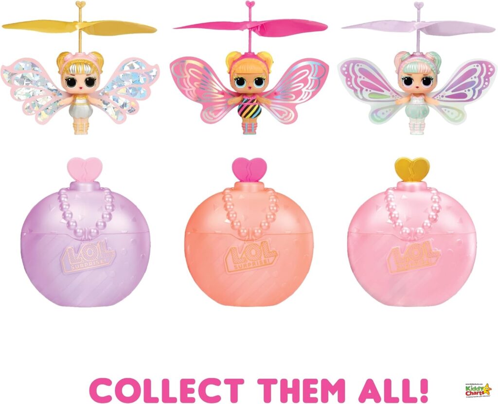 The image shows three flying fairy dolls with various wing designs above their matching spherical packaging. Text encourages to "COLLECT THEM ALL!"(25 words)