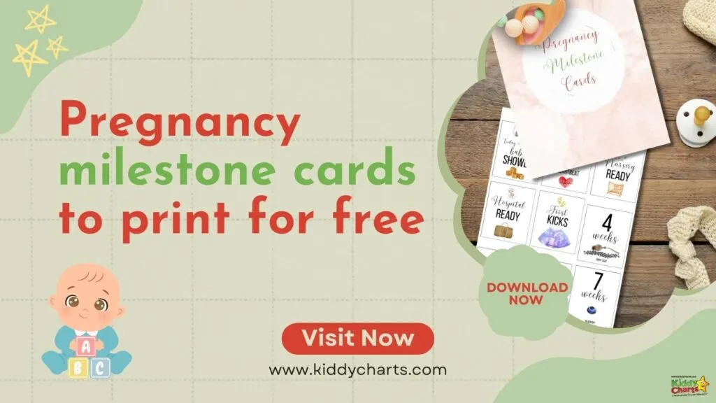 This image features an advertisement for free printable pregnancy milestone cards, with illustrations of cards and baby accessories on a website banner.
