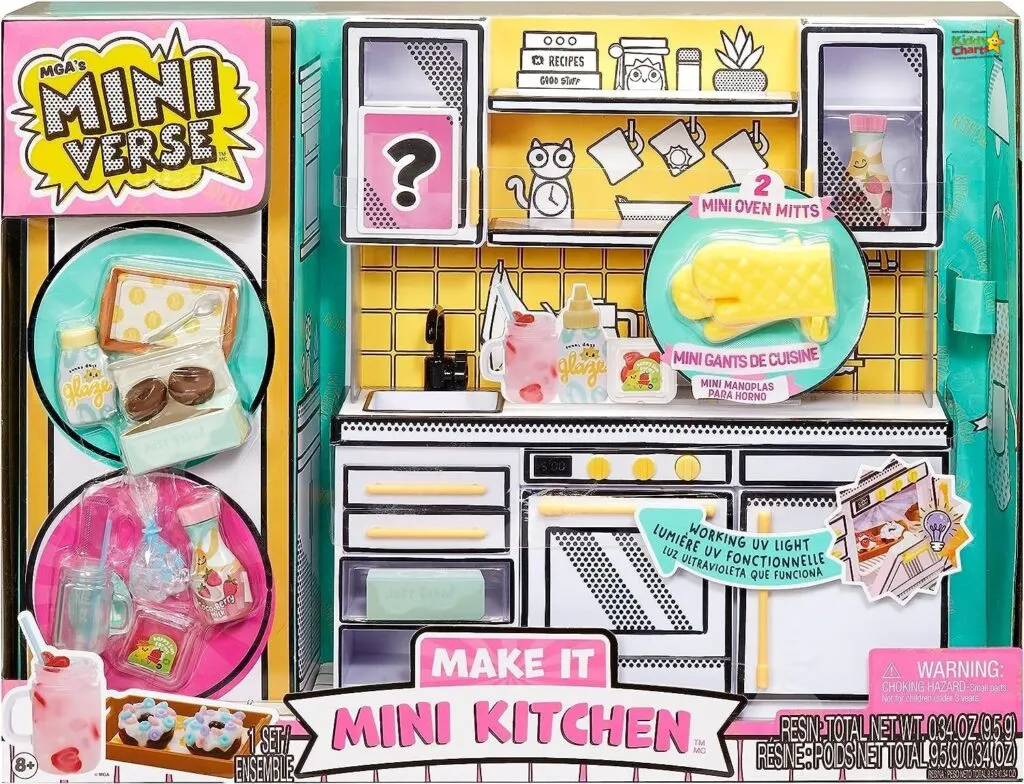 An image of a colorful toy mini kitchen set with various miniaturized accessories and food items, including an oven, stickers, and a working UV light.