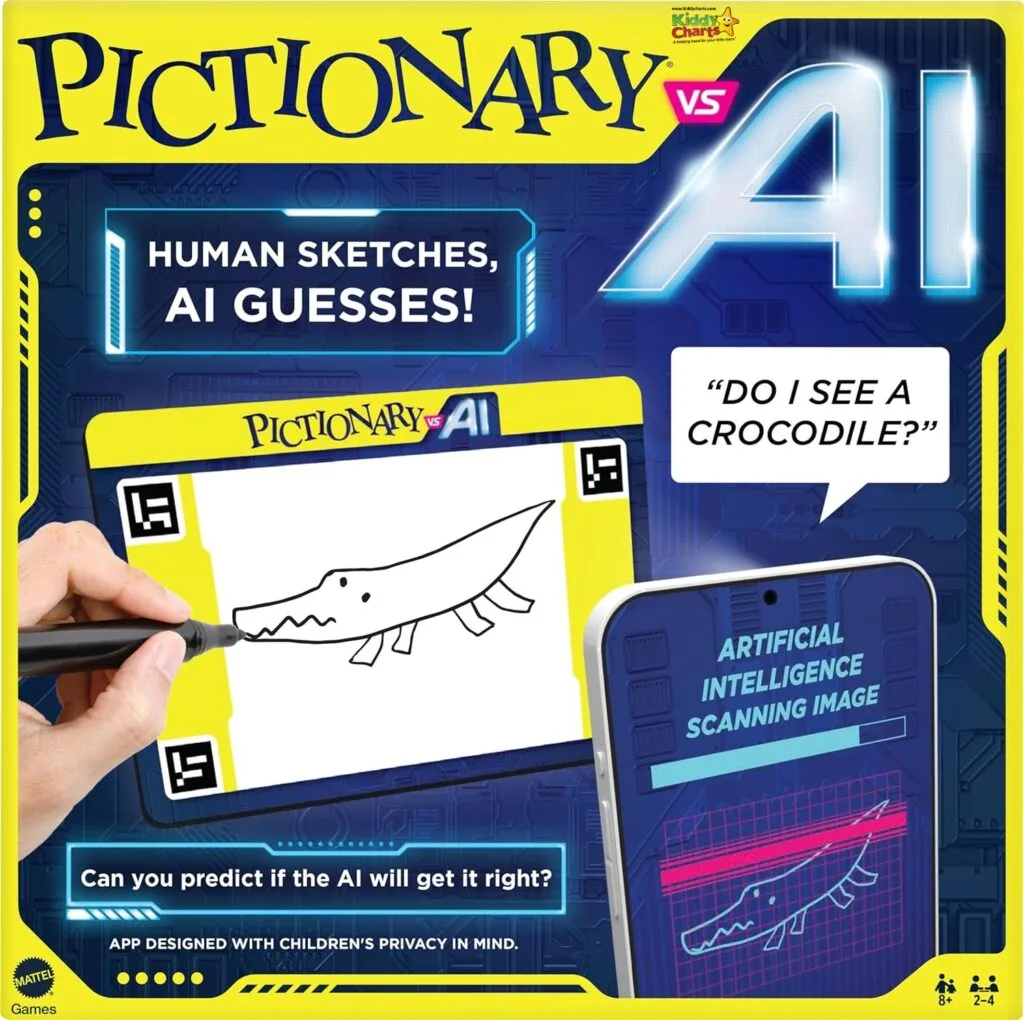 This image features an advertisement for a Pictionary game variant involving players sketching and AI guessing, with a cartoon crocodile drawing and thematic graphics.
