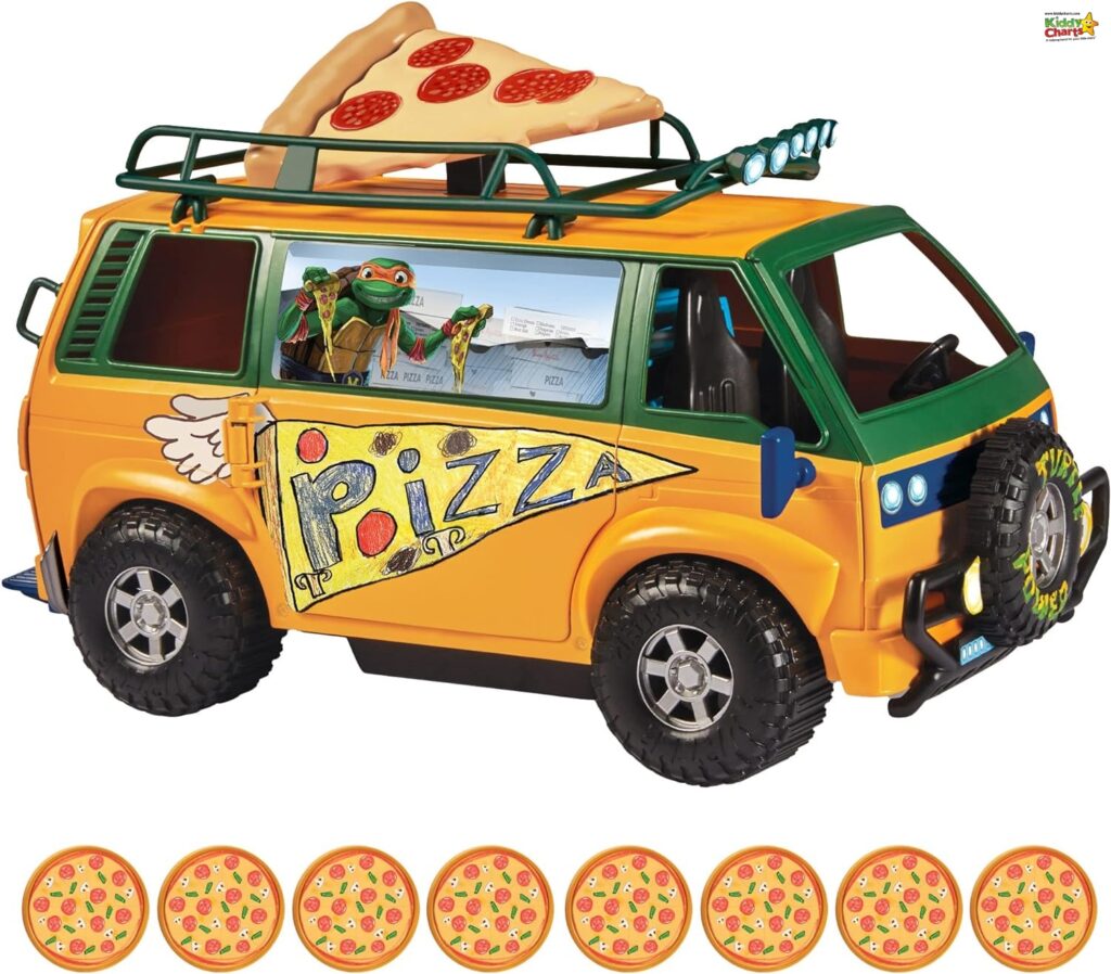 This is a toy vehicle resembling a pizza delivery van with a pizza slice on the roof and a Teenage Mutant Ninja Turtle character inside. There are pizza graphics on the side.