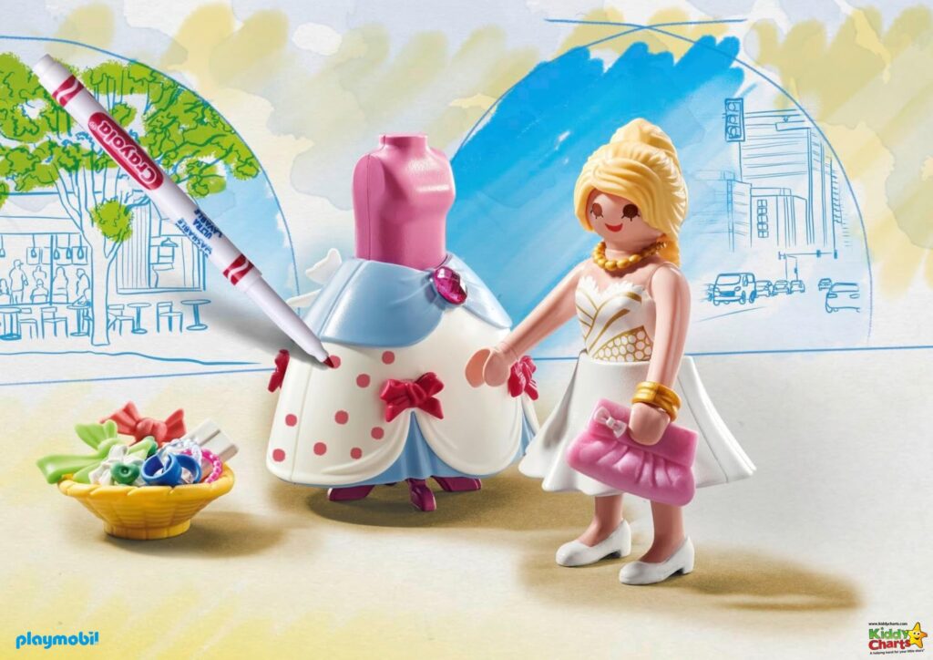 The image shows a playful scene with a Playmobil toy figure dressed elegantly, accessories, and playful outlines of trees and urban background, suggesting childlike imagination.