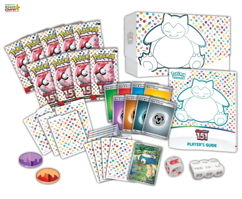 This image shows various Pokémon trading card game items: booster packs, energy cards, a player's guide, dice, damage counters, and a coin.