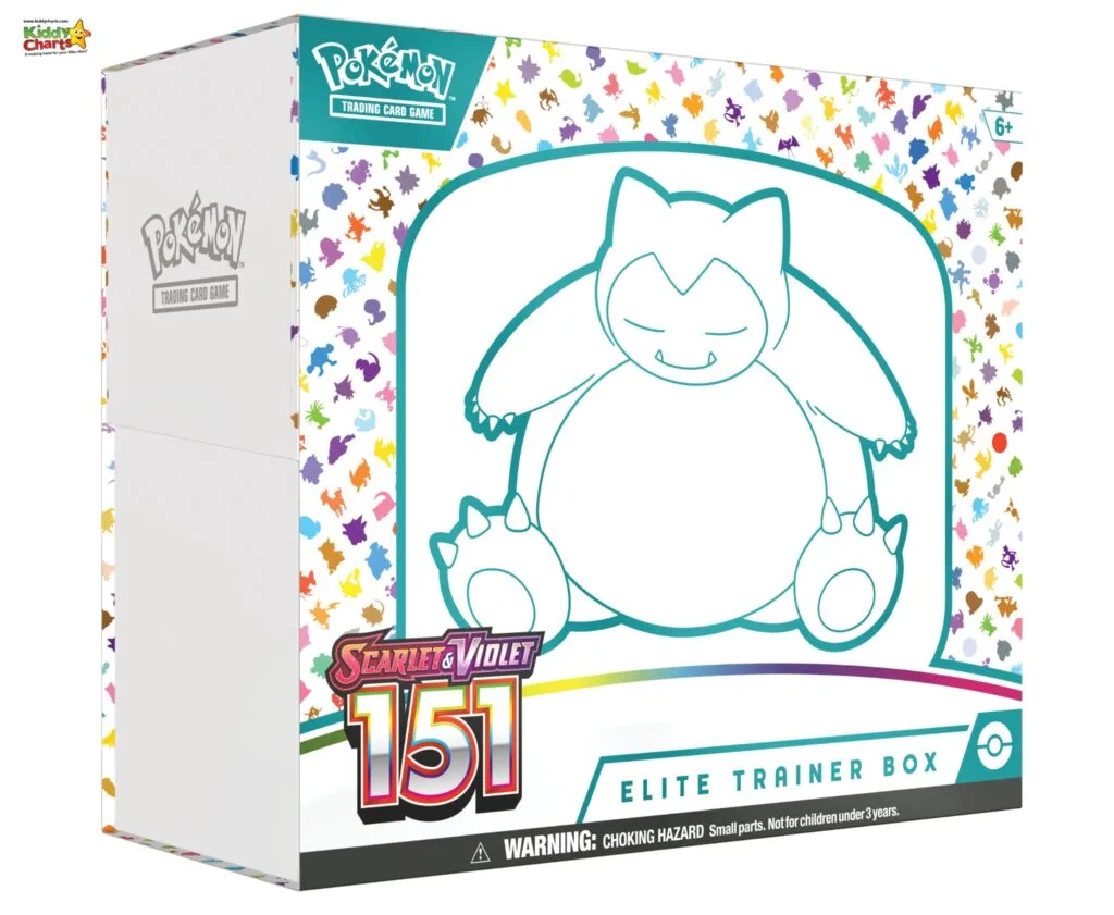 The image shows a Pokémon trading card game 'Scarlet & Violet 151 Elite Trainer Box,' featuring colorful Pokémon silhouettes and a line-art of the Pokémon Snorlax.