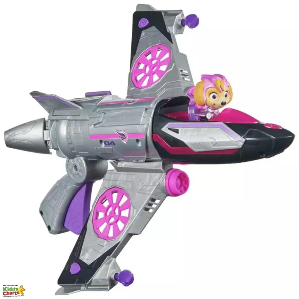 The image shows a children's toy jet with shades of grey, black and pink accents, and a cartoonish pilot character with pink and yellow tones.