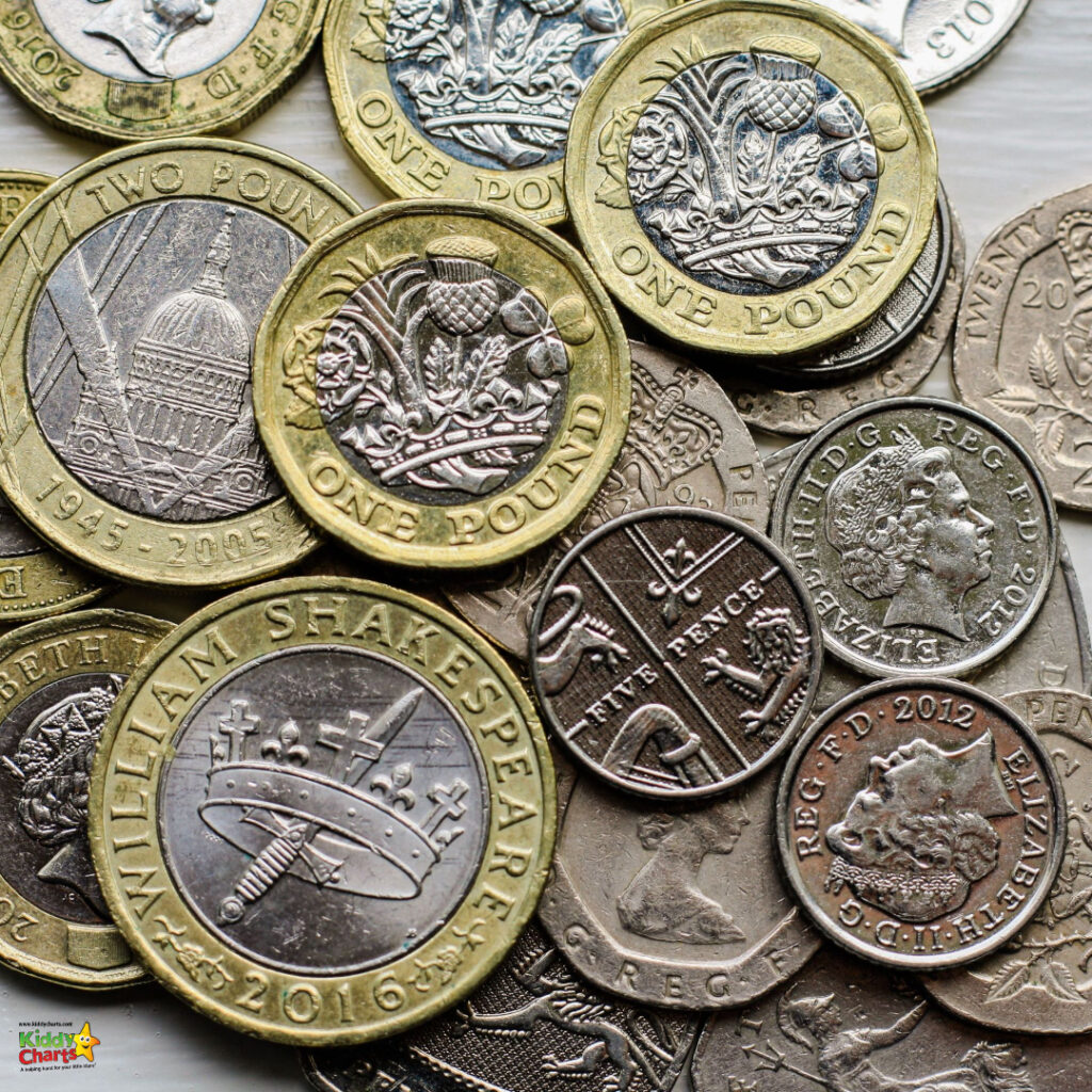 The image shows a collection of British coins, featuring various designs including William Shakespeare, symbols, and the effigy of Queen Elizabeth II.