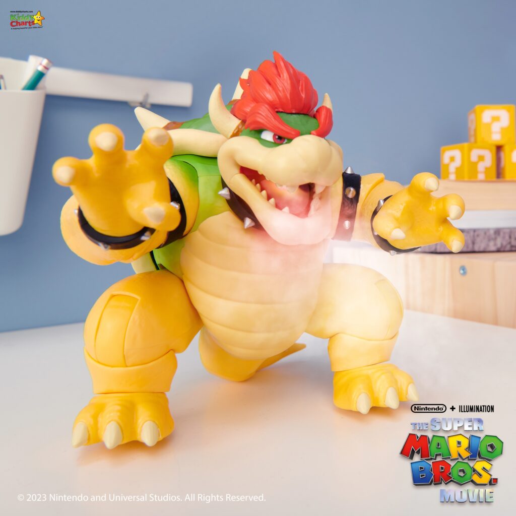 This image features a Bowser toy figure from the Super Mario series, with a backdrop suggesting a child's room with iconic question mark blocks.