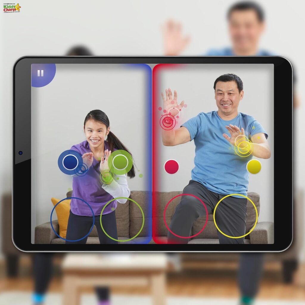 The image shows a split-screen of a tablet where a child and an adult play a motion-based game, swiping at colorful virtual rings.