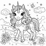 This is a black and white coloring page featuring a cute, stylized unicorn with stars and clouds in the background, surrounded by decorative flowers.